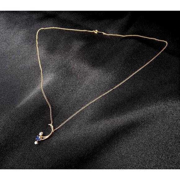 Vintage 14K Solid Gold Topaz & Cubic Zirconia Crescent Pendant Necklace - Picture 2 of 6